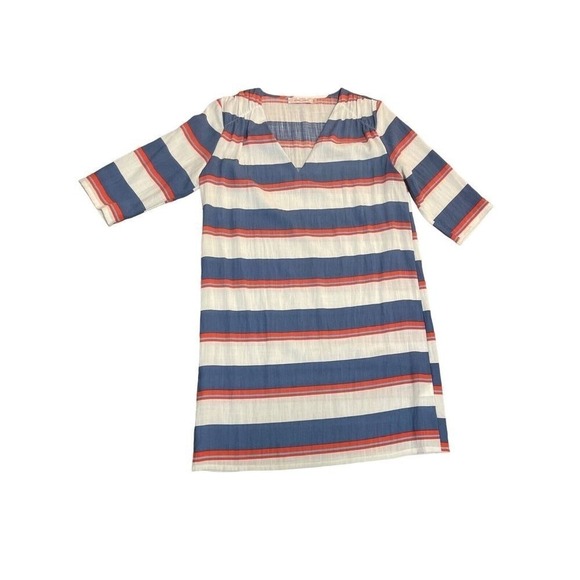 Traffic People Linen Blend Blue Orange Stripe Casual Minimalist Dress Small - Picture 3 of 8